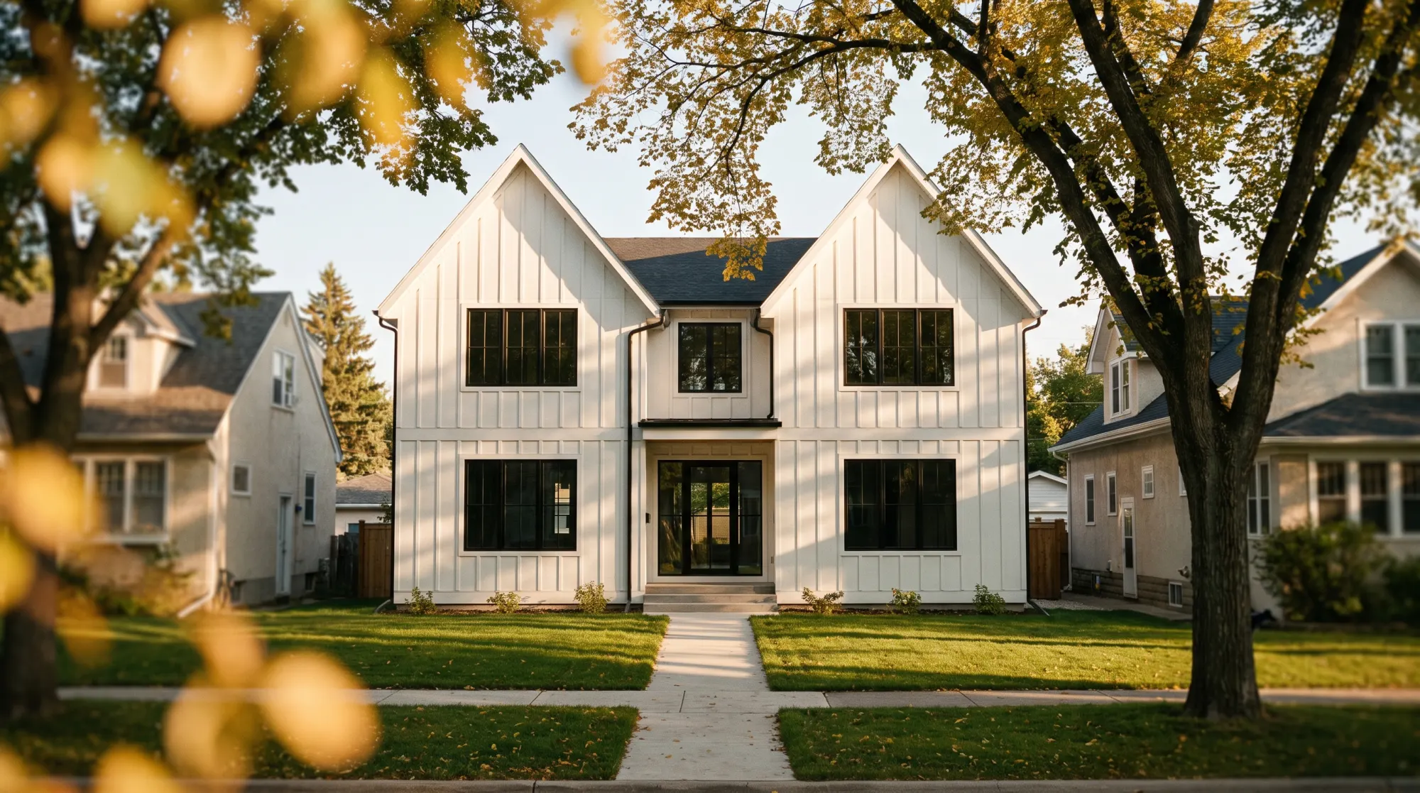 Photorealistic frame of an unbuilt infill home on an established street